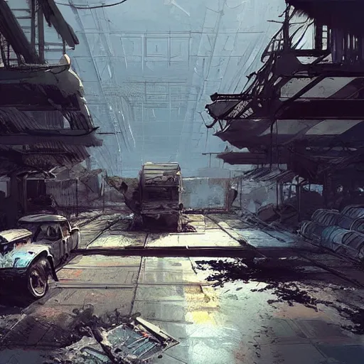 Image similar to abandoned factory landscape. Concept art by Craig Mullins, Ryan Church, Finnian Macmanus, Sung Choi, Sparth, Hugh Ferriss and John Harris. Epic cinematic environment keyframe splash concept art trending on ArtStation