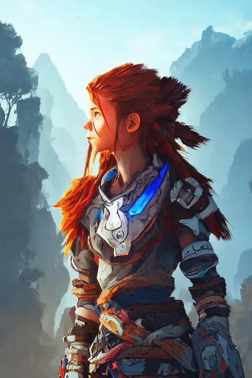 Image similar to combination suit armor aloy horizon forbidden west horizon zero dawn radiating a glowing aura global illumination ray tracing hdr fanart arstation by ian pesty and alena aenami artworks in 4 k tribal robot ninja mask helmet backpack