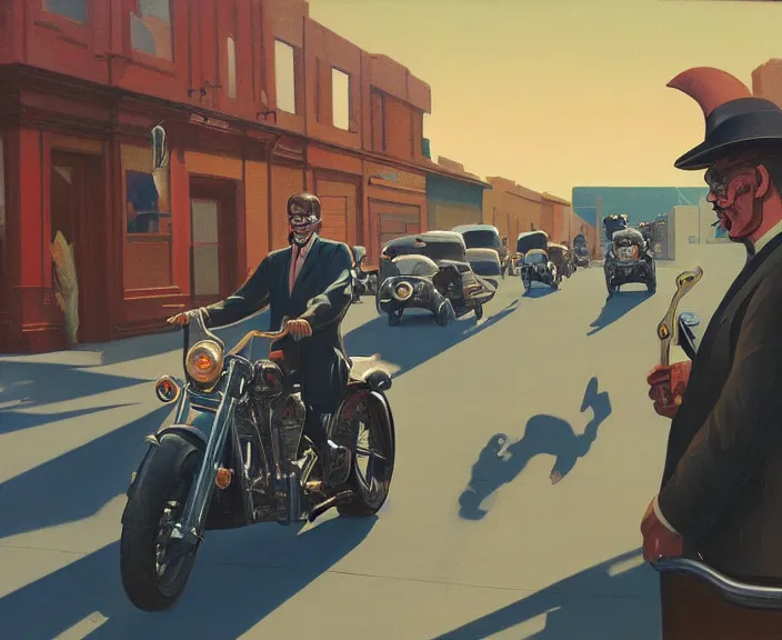 Prompt: a very detailed painting of a man wearing a suit, his head is a skull, riding a motorbike down a street, harley davidson motorbike, worm's - eye view, very fine brush strokes, very aesthetic, very futuristic, in the style of edward hopper and grant wood and syd mead, 4 k,