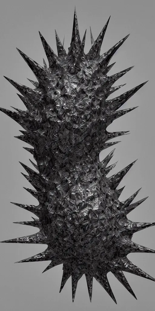 Image similar to a photorealistic render of a spiky mollusk, greyscale, made of melted plastic and marble, c 4 d, by zhelong xu and ernst haeckel, wide angle, hyper realistic, plain black background, 8 k, volumetric lightning, octane render