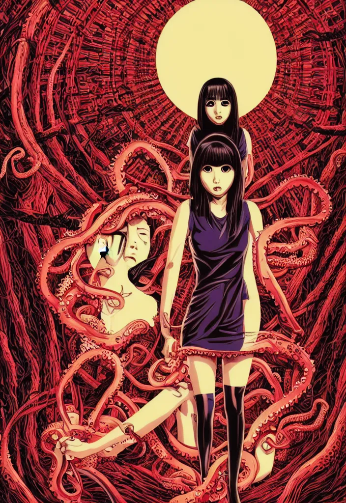 Prompt: a comic book style japanese horror poster of girl with large eyes by dan mumford, yusuke murata and junji ito, blood lines, yokai, shinigami, eyes, shurikens, kanji, tentacles, synthwave, 8k, unreal engine, trending on artstation, pixiv, intricate details, volumetric lighting