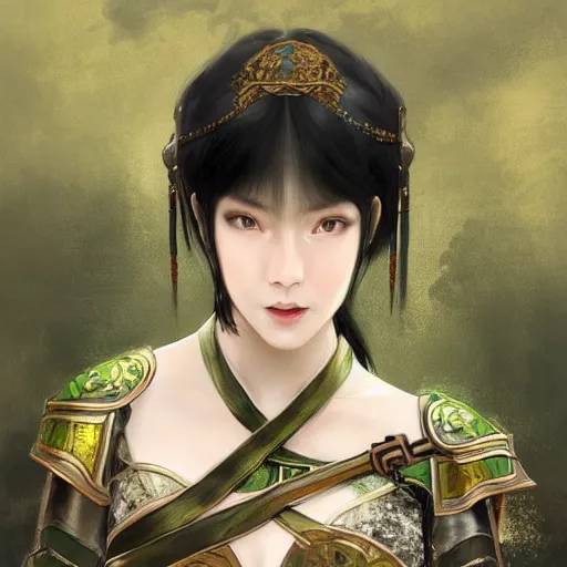 Prompt: portrait black hair young knights of Dynasty Warriors girl, metallic green armor, in ruin fire chinese palace sunrise, ssci-fi and fantasy, intricate and very beautiful and elegant, highly detailed, digital painting, soft light, artstation, concept art, smooth and sharp focus, illustration, art by tian zi and WLOP and alphonse mucha