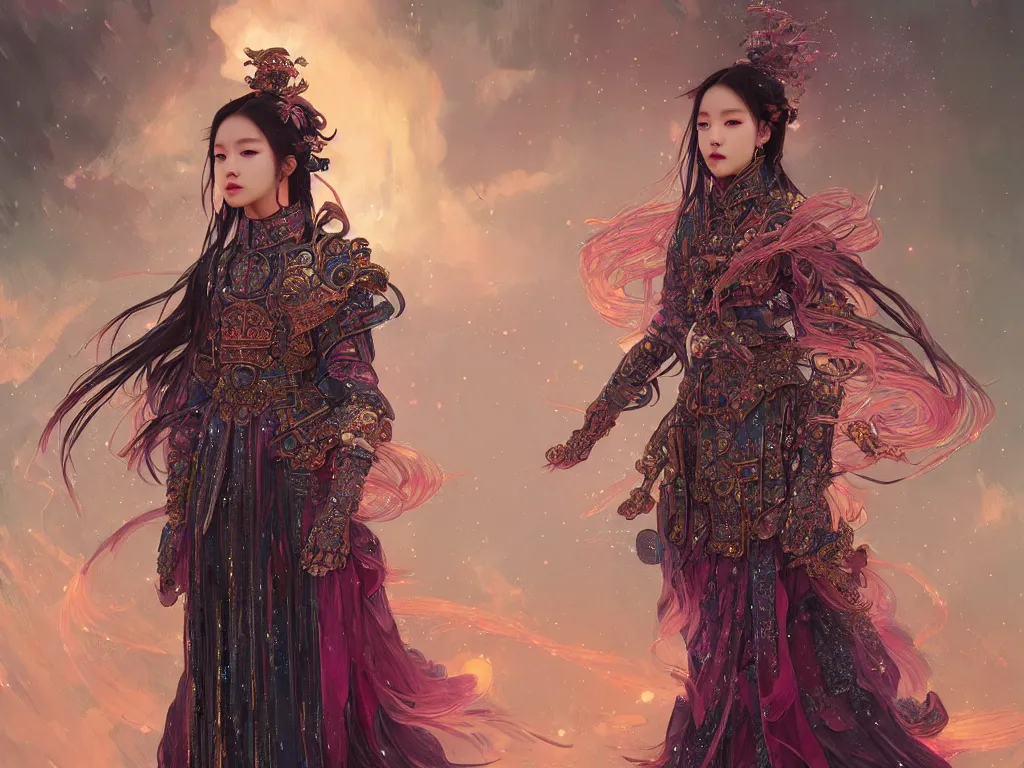 Image similar to portrait jisoo blackpink, wearings samurai colorpunk armor, in temple fire stormy sparkles night, ssci - fi and fantasy, intricate and very very beautiful and elegant, highly detailed, digital painting, artstation, concept art, smooth and sharp focus, illustration, art by tian zi and wlop and alphonse mucha