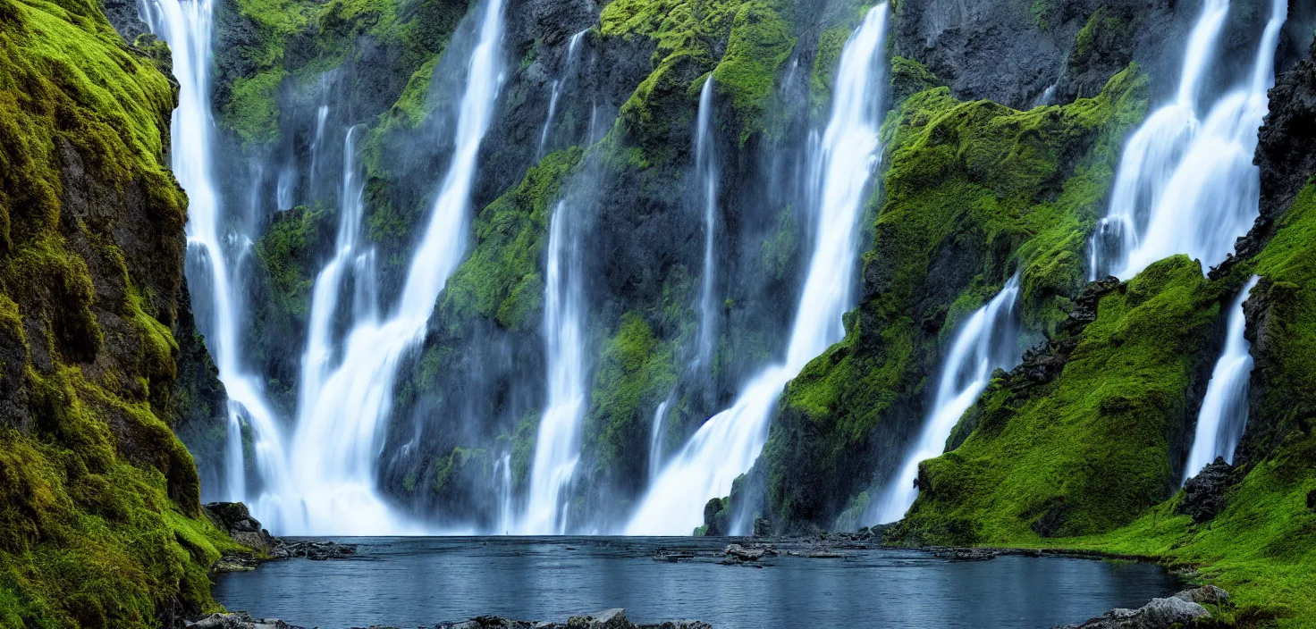 Image similar to a waterfall in the middle of a mountain range, a detailed matte painting by hallsteinn sigurðsson, shutterstock contest winner, naturalism, uhd image, creative commons attribution