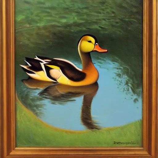 Prompt: a duck on the prowl oil painting ralph brownell mcgrew