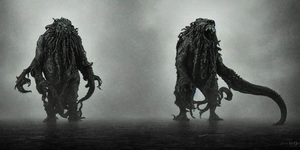 Prompt: dramatic portrait of a roaring cthulhu, symmetry, post apocalyptic setting, fog, rain, city at night