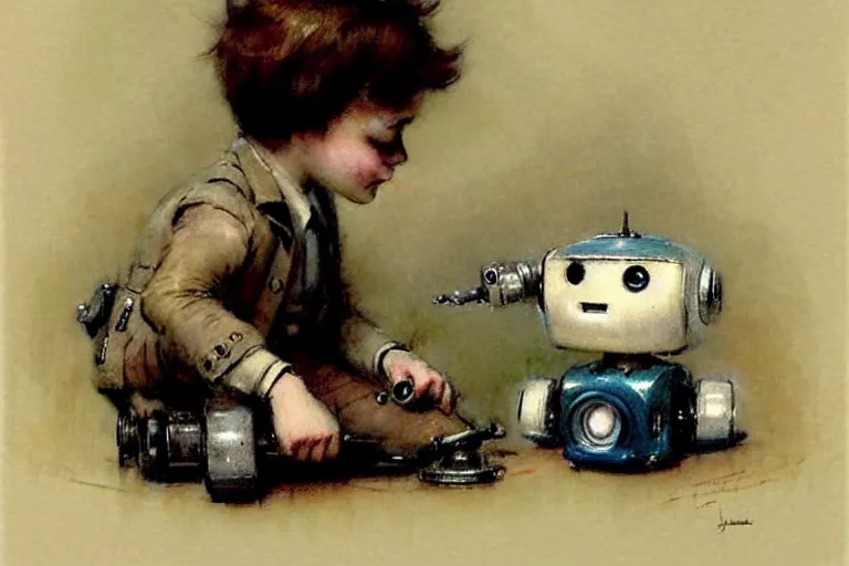 Image similar to ( ( ( ( ( 1 9 5 0 s boy and his small pet robot. muted colors. ) ) ) ) ) by jean - baptiste monge!!!!!!!!!!!!!!!!!!!!!!!!!!!