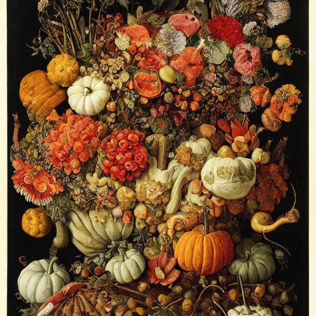 Image similar to victorian thanksgiving feast, flowers and gourds, black background, vanitas, still life by giuseppe arcimboldo, intricate high detail masterpiece