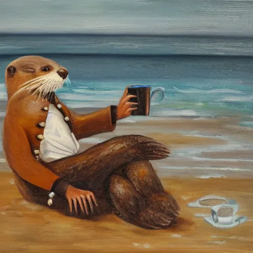 Prompt: An otter dressed as a pirate sitting on a beach drinking rum, oil on canvas painting