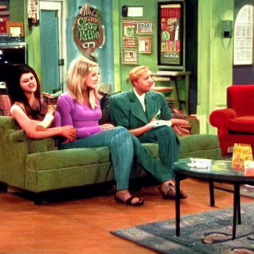 Image similar to still image from friends season 3 coffee shop green couch small cosy new york, by dr. suess