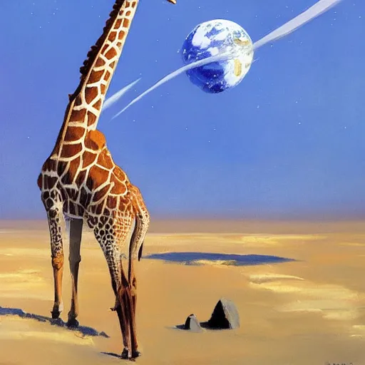 Prompt: a giraffe dressed like an astronaut floating in space with the earth in the background, trending on artstation, art by greg manchess, guangjian, detailed digital art, artstation hd