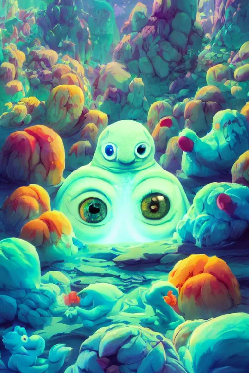 Image similar to smurf ghost creature animal sushi cristal very big eye roots cactus elemental flush of force nature micro world fluo fishscale, behance hd by jesper ejsing, by rhads, makoto shinkai and lois van baarle, ilya kuvshinov, rossdraws radiating a glowing aura global illumination ray tracing hdr