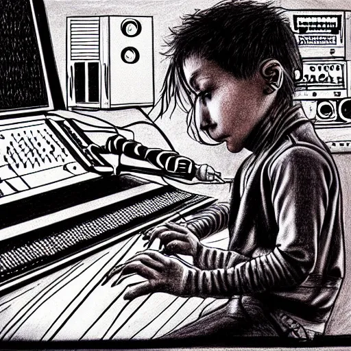 Prompt: hyper-detailed, intricate drawing of a young child with a robotic brain, smoking a cigarette operating a music studio mixing console, cyberpunk