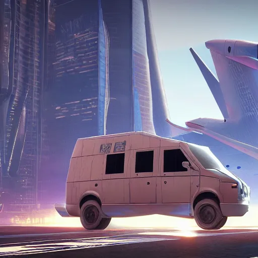 Image similar to cyberpunk alien concept of the a - team van with airplane wings in both sides flying in the sky, futuristic look, highly detailed body, very powerful, photorealistic camera shot, crisp quality and light reflections, unreal engine 5 quality render