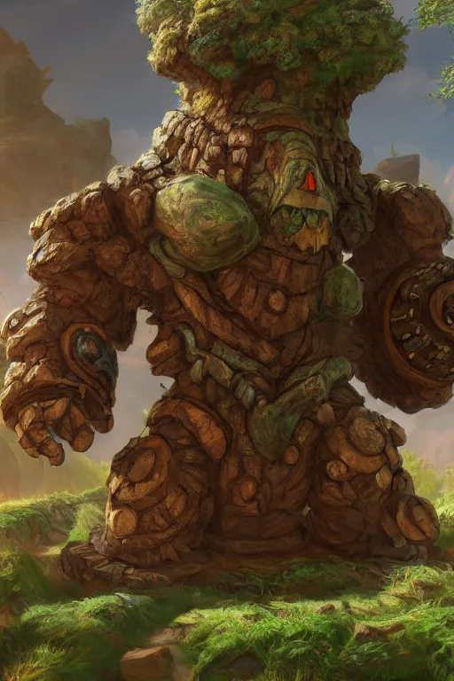 Image similar to zelda fantasy art giant golem troll wood rock greeble gemstone, global illumination ray tracing hdr fanart arstation by sung choi and eric pfeiffer and gabriel garza and casper konefal