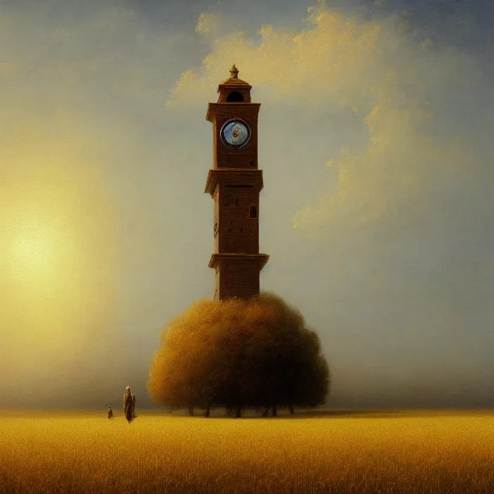 Prompt: a beautiful painting of a clock tower in a field of golden wheat by ivan aivazovsky, zdzisław beksinski, rene magritte, greg rutkowski, james gurney, in style of digital art. hyper detailed. octane render. maya. ray tracing. trending on artstation