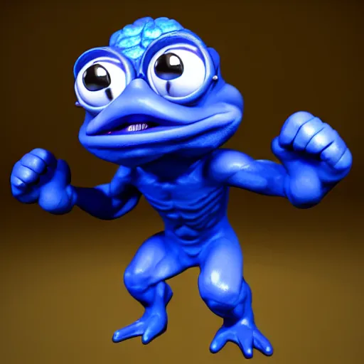 Image similar to pepe the miner with blue crystal, artstation, 3 d render, intricate, muscles