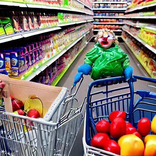 Prompt: a supermarket where every shopping cart includes a tiny, angry clone of donald trump that sits in the basket and screams for the duration of your shopping trip