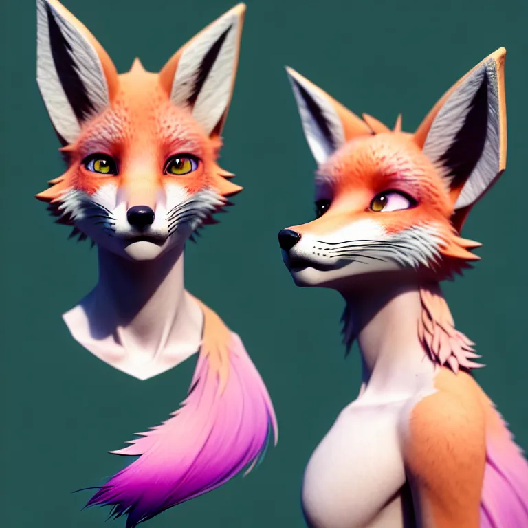 Image similar to a beautiful headshot portrait of a cute anime male fox with pink hair and piercings and green eyes. character design by cory loftis, fenghua zhong, ryohei hase, ismail inceoglu and ruan jia. artstation, volumetric light, detailed, photorealistic, fantasy, rendered in octane