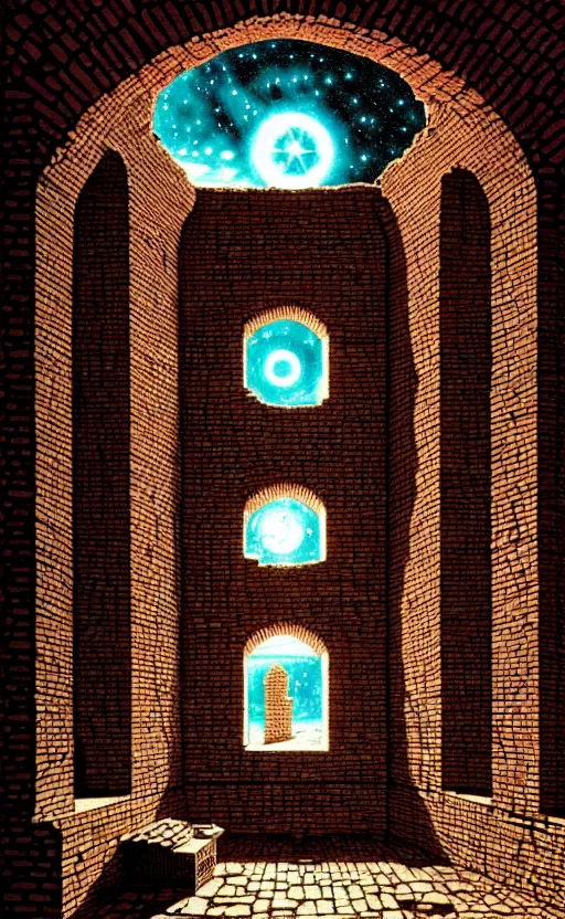 Prompt: ancient brickwall in a castle, round window looking out to the stars wizards mixing potions in his laboratory, high details, intricately detailed, by vincent di fate, inking, 3 color screen print, masterpiece, trending on artstation,, sharp, details, hyper - detailed, hd, 4 k, 8 k