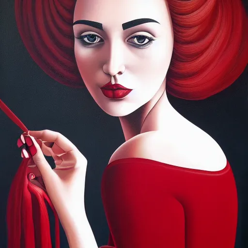 Image similar to a painting of a beautiful woman!!! wearing red, an ultrafine detailed painting by rafal olbinski, behance contest winner, pop surrealism, detailed painting, very detailed, minimalist, airbrush art