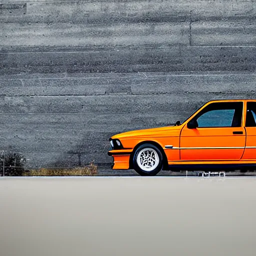 Image similar to orange bmw e 3 0 m 3 floating in space