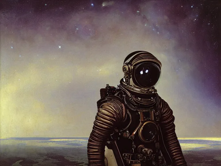 Image similar to a detailed profile oil painting of an explorer in a spacesuit with reflective helmet, flight suit, portrait symmetrical and science fiction theme with aurora lighting clouds and stars by beksinski carl spitzweg and tuomas korpi. baroque elements, full-length view. baroque element. intricate artwork by caravaggio. Trending on artstation. 8k