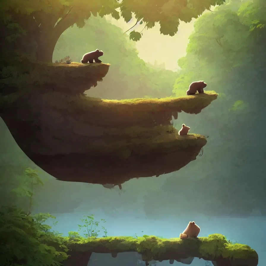 Image similar to A single bear, solitary, without anyone else, is clinging to a wooden trunk that is floating on a river that crosses the jungle, the river is dark blue with stones, art by Goro Fujita, ilustration, concept art, sharp focus, ArtStation, Deviantart