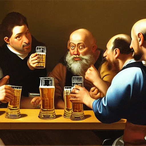 Prompt: five men drinking beer and talking intelligently in pub, caravaggio, detailed photograph, josh kirby, 4k, unreal engine