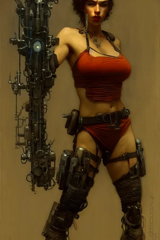 Image similar to full character portrait max mad cyberpunk, machinist tech solider girl character design, painting by gaston bussiere, katsuya terada, nc wyeth, greg rutkowski, craig mullins, vermeer, frank frazetta, tom of finland, trending on artstation, jeffery catherine jones