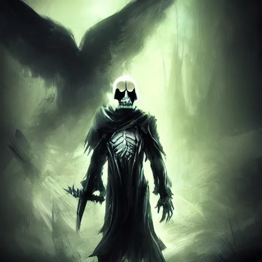 Image similar to photorealistic dark fantasy concept art of nightmare sans with his eye glowing, dynamic lighting, stunning visuals, ray tracing, beautiful scenery, cinematic, full body portrait, ultra detailed, hyper detail, stunning detail