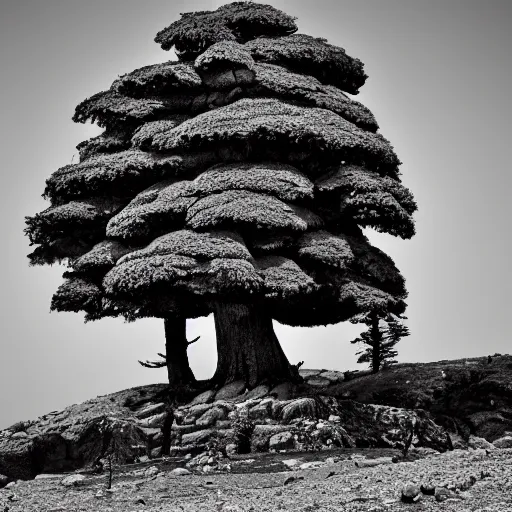 Prompt: photograph of cedar of lebanon resembling masculine strong man, ultra detailed, DSLR photography, high contrast.