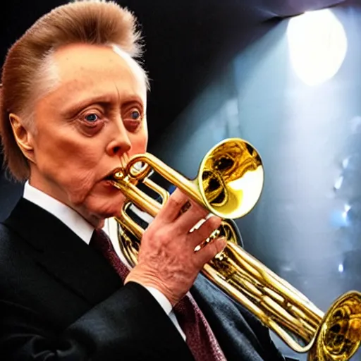 Image similar to Christopher Walken playing a trumpet with his ear