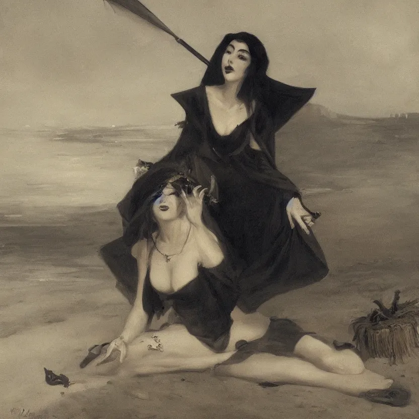 Prompt: portrait of a beautiful and grim vampire queen under a large beach umbrella by William-Adolphe Bouguerea