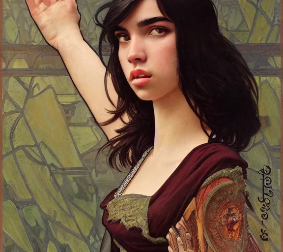 Image similar to photography dualipa with hands - up and hairy armpits, deep focus, intricate, elegant, highly detailed, digital painting, artstation, concept art, matte, sharp focus, illustration, art by artgerm and greg rutkowski and alphonse mucha and gil elvgren