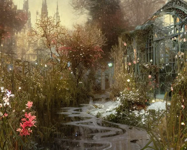 Prompt: a beautifull intricate winter garden with many flowers, reflexions, verry high details by william turner art, greg rutkowski and alphonse mucha, trending on artstation, very very detailed, masterpiece, - h 7 0 4