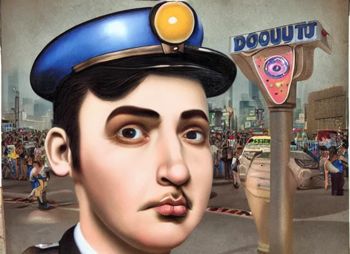 Image similar to a donut head police officer, lowbrow, matte painting, 3 - d highly detailed, in the style of mark ryden,