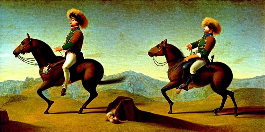 Image similar to a gerbil in military clothing riding a horse, by Jacques-Louis David