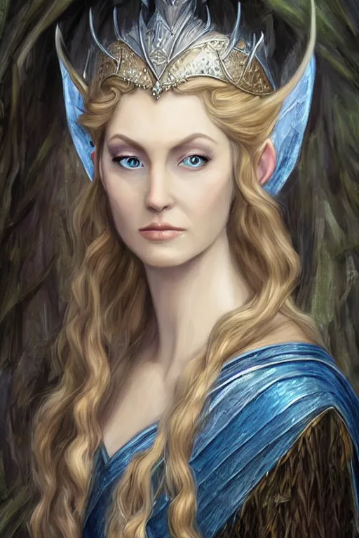 Image similar to portrait, headshot, digital painting, of elven queen Galadriel, beautiful, tall, white dress, fair curly hair, blue eyes, realistic, hyperdetailed, chiaroscuro, concept art, art by Waterhouse