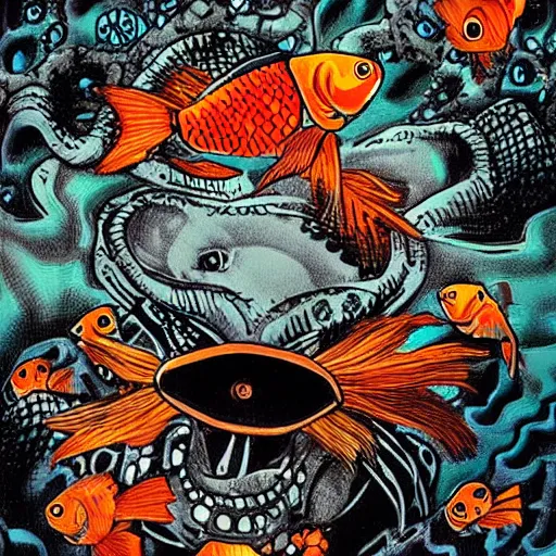 Image similar to cyborg goldfish with punk aesthetic, photography