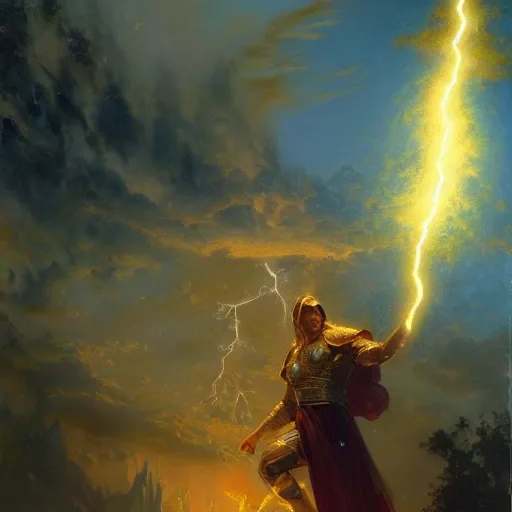 Prompt: stunning male master wizard summoning lightning, highly detailed painting by gaston bussiere, craig mullins, j. c. leyendecker, 8 k