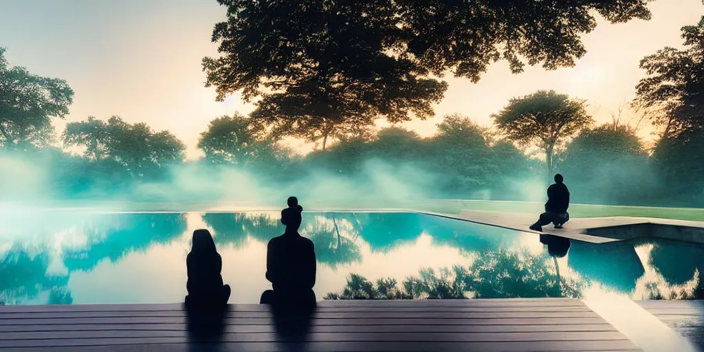 Prompt: distant figures sitting by a reflecting pool, by sapna reddy, cinematic forest lighting, hyperdetailed, in volumetric soft glowing mist, elegant pose, movie still, real life landscape