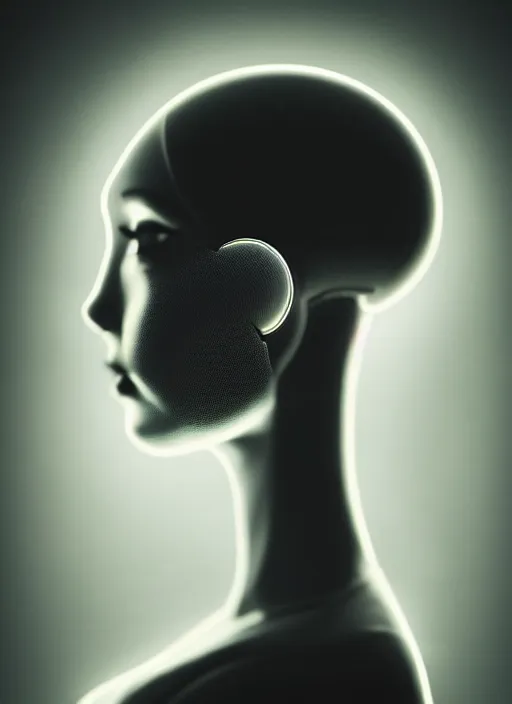 Prompt: a beautiful young female futuristic robot profile face, daguerrotype, closeup - view, f / 2. 8, low contrast, 1 6 k, x - ray, beautiful lighting, reflective, in a symbolic and meaningful style, surreal dreamy poetic