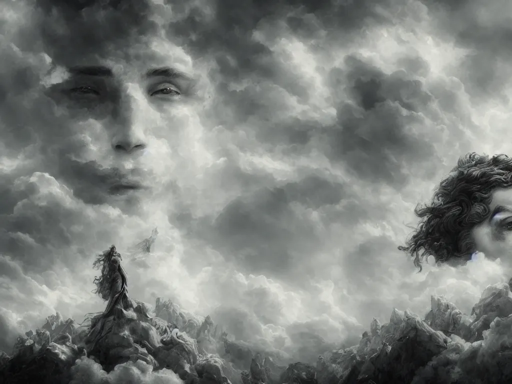 Prompt: demigod in the clouds, face made out of clouds, dramatic, intricate, elegant, highly detailed, digital painting, artstation, concept art, smooth, sharp focus, illustration, art by gustave dore, octane render