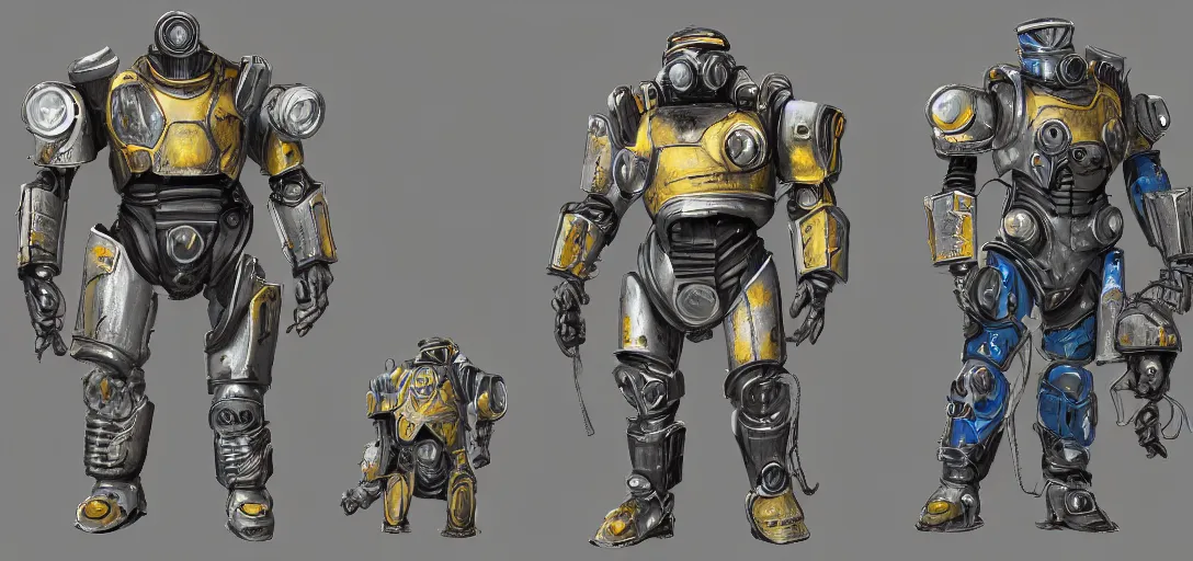Prompt: Fallout Institute Power Armor Concept Art, vibrant colors, 8k photorealistic, black background, HD, high details, trending on artstation