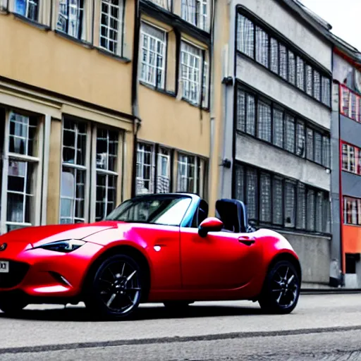 Image similar to a red haired danish man drives a mazda mx-5 down a street in copenhagen