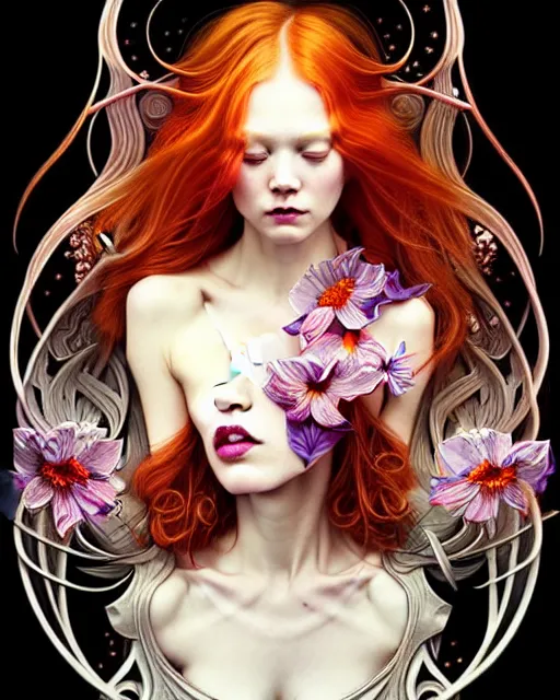 Prompt: Beautiful, evil and playful ethereal ginger portrait, art nouveau, fantasy, intricate flower designs, elegant, highly detailed, sharp focus, art by Artgerm and Mat collishaw and WLOP