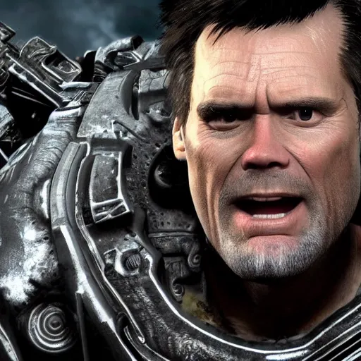 Image similar to Jim Carrey in Gears of War, high quality