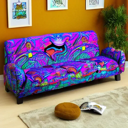 Image similar to psychedelic trippy cartoon couch in the deep dark forest