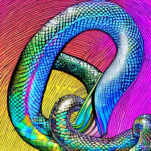 Image similar to a being of pure light, giant rainbow iridescent serpent is wrapping around its body, hyper detailed, ultra fine colored inking lines